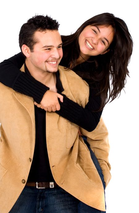 young couple having fun isolated over a white background