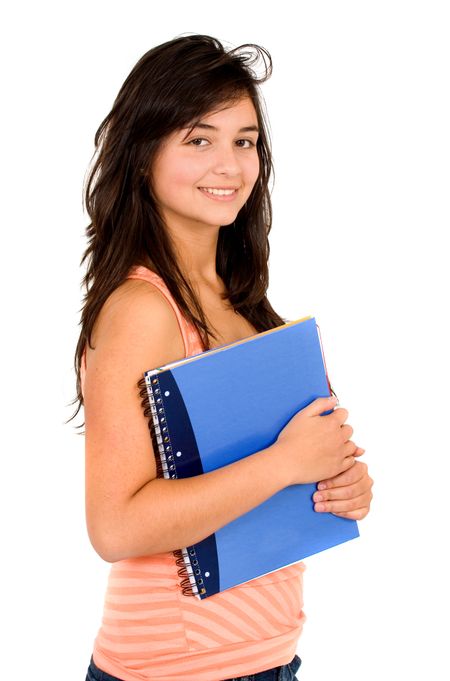 beautiful girl with a notebook isolated over a white background