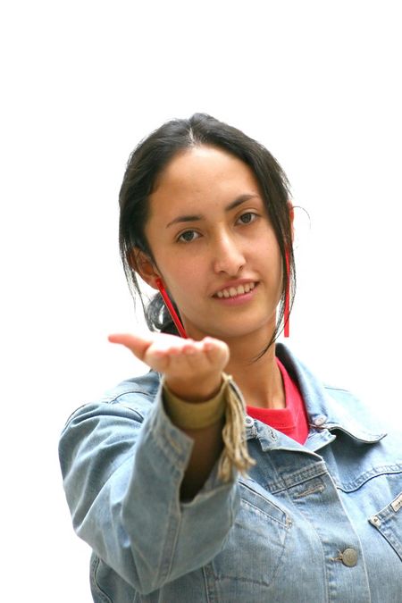 Girl with hand up for displaying a product - focus on face