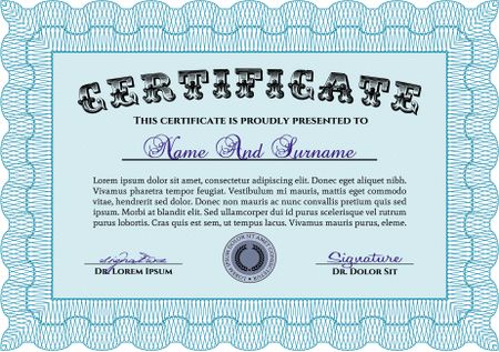 Certificate or diploma template. With guilloche pattern. Money style.Cordial design. 