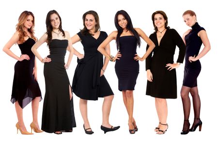 beautiful fashion women in elegant dresses isolated over white