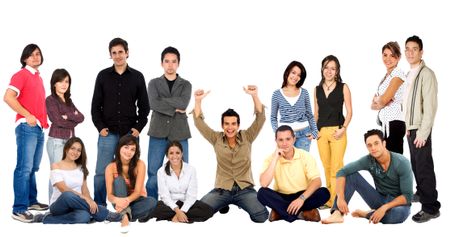 Large group of young casual people isolated over white