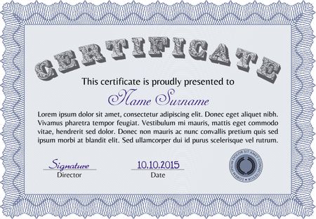 Certificate or diploma template. Lovely design. With linear background. Money style.