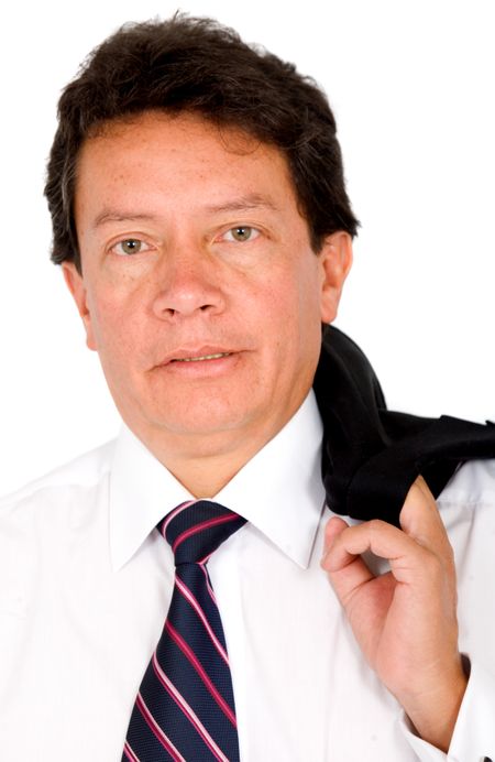 business man portrait with his jacket on his shoulder isolated over a white background