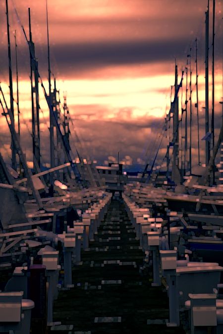 Moody impressionistic sunset abstract of dock and yachts at sailing center in Seattle, Washington, USA