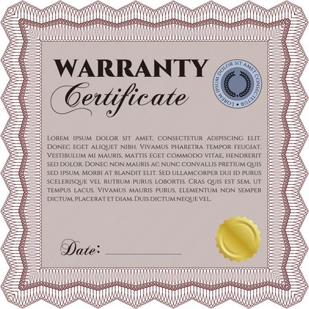 Sample Warranty certificate template. Perfect style. Complex design. With sample text. 