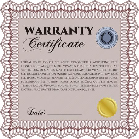 Sample Warranty certificate template. Perfect style. Complex design. With sample text.