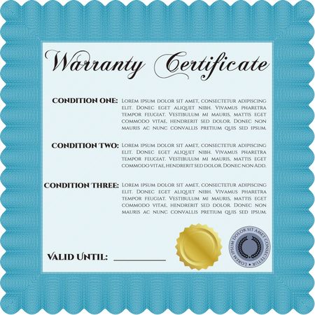 Sample Warranty certificate template. Complex border. With sample text. Very Detailed. 