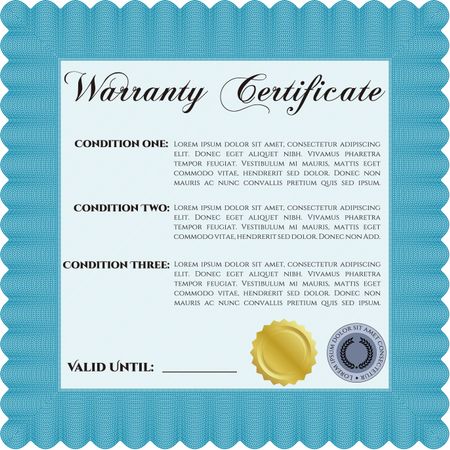 Sample Warranty certificate template. Complex border. With sample text. Very Detailed.