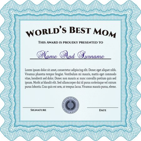 Best Mom Award Template. With guilloche pattern. Detailed.Excellent complex design. 