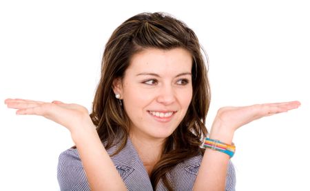 Casual girl with something on her hands - isolated over a white background