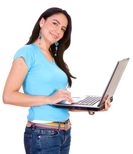Casual girl with a laptop - isolated over a white background