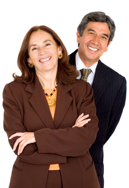 elegant business partners smiling - isolated over a white background