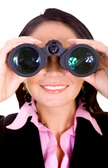 Business search - woman with binoculars isolated over a white background