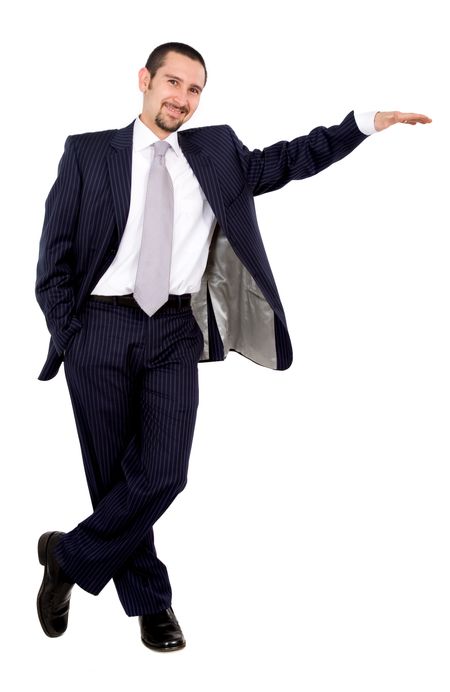 Business man with his hand on your product - isolated over a white background