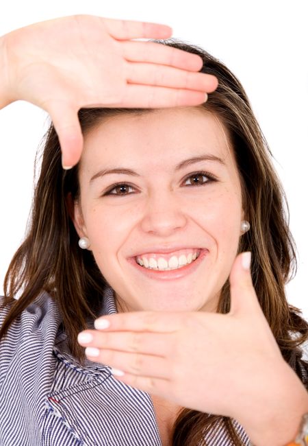 girl hand framing her face - isolated over a white background