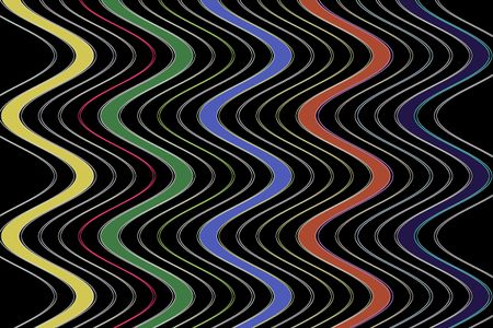 Multicolored abstract of S-curves on black for decoration and background with motif of repetition or variation