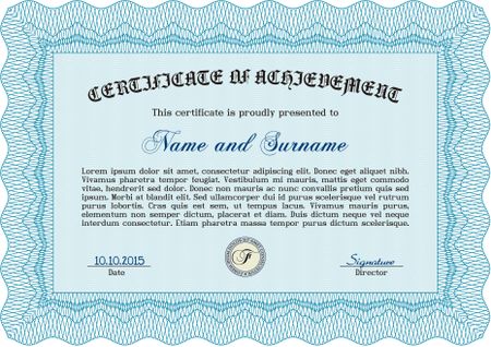 Certificate of achievement. Vector certificate template.Modern design. With guilloche pattern and background. 