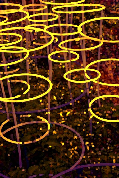 Fiery impressionist abstract of glowing wire supports, like an arrangement of neon rings, for growth of tomatoes and other plants in spring garden