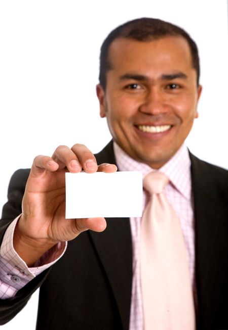 Businessman showing his business card isolated over a white background