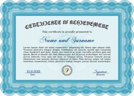 Certificate of achievement template. Diploma of completion.With great quality guilloche pattern. Artistry design. 