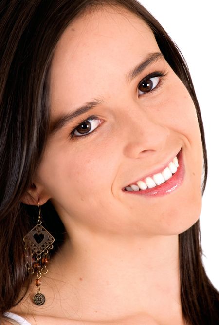 Beautiful girl portrait smiling - isolated over a white background