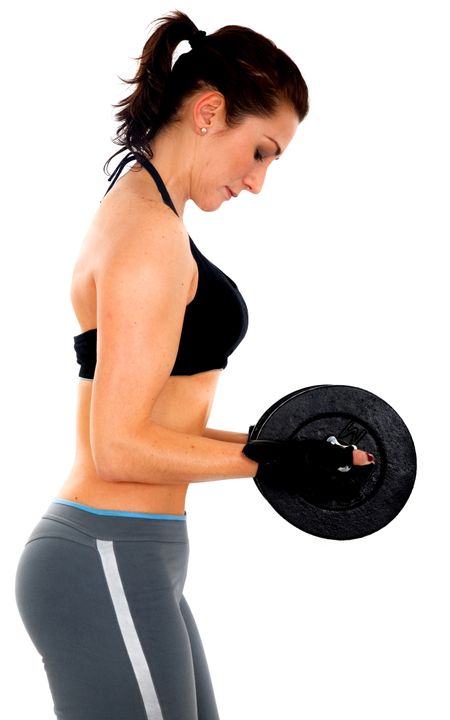 girl doing freeweights - isolated over a white background