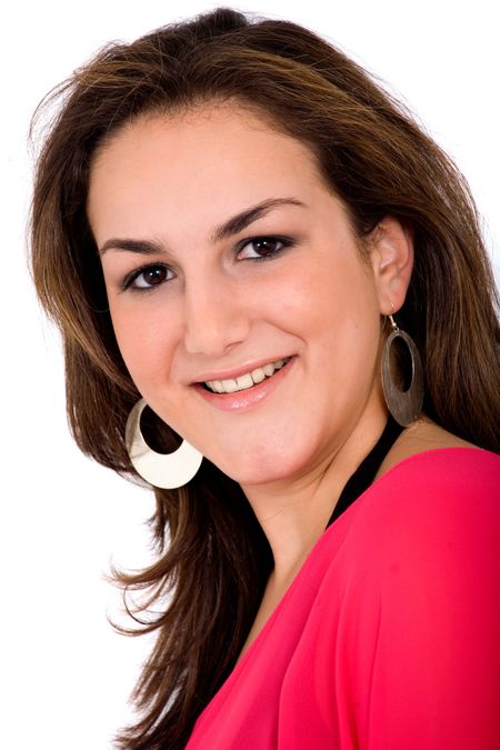 elegant girl in red - portrait of her smiling over a white background
