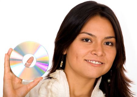 Business woman holding data on a CD rom - isolated over a white background