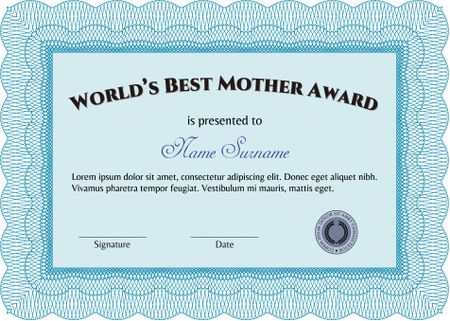 World's Best Mom Award Template. Cordial design. Detailed.With guilloche pattern. 