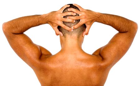 muscular fit man showing his muscles on his back - isolated over a white background