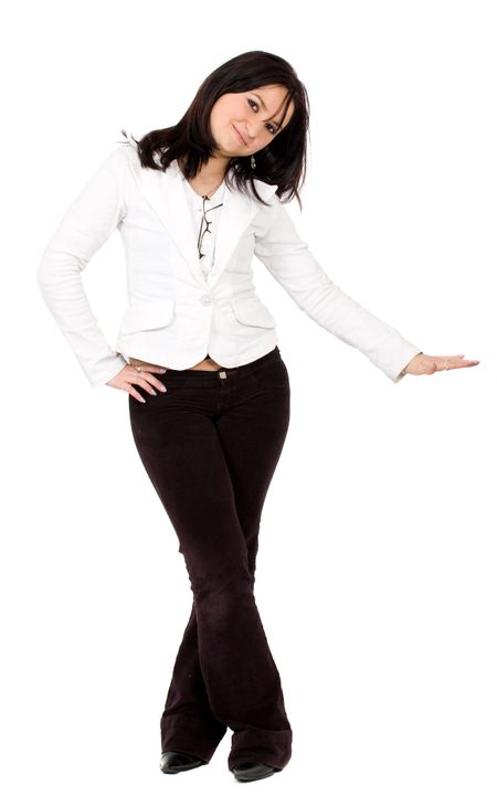 Business woman displaying your product - isolated over a white background