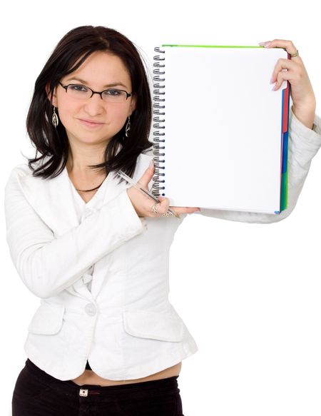 business woman with glasses holding a notebook over a white background