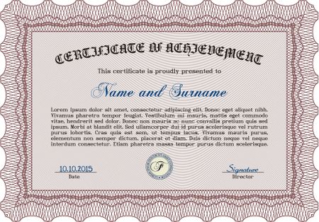 Sample certificate or diploma. Border, frame.Cordial design. With guilloche pattern and background. 