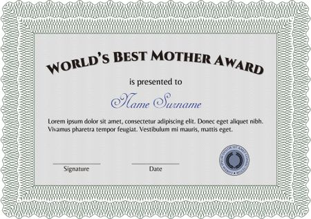 Best Mother Award Template. Artistry design. Detailed.With great quality guilloche pattern. 