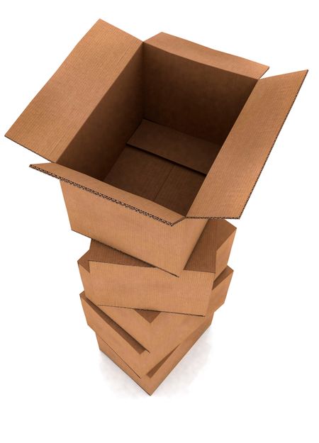 pile of cardboard boxes in high detail with the top one open - isolated over a white background