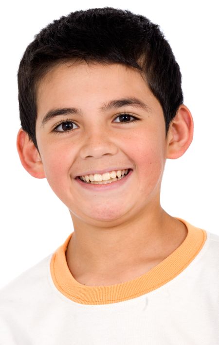 Funny child portrait – boy smiling isolated over a white background
