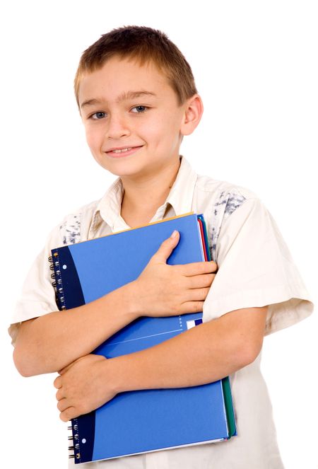 kid holding a notebook – isolated over a white background