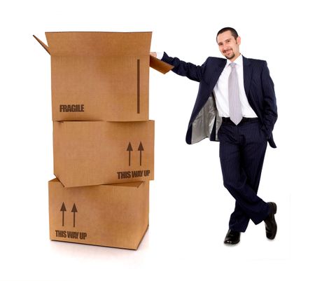 business man with card board boxes in high detail - isolated over a white background