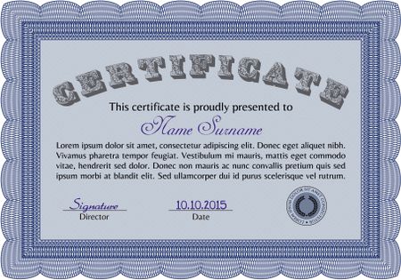 Certificate of achievement template. Sophisticated design. Border, frame.With guilloche pattern.