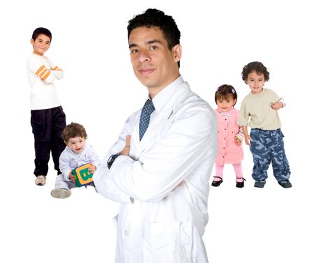 Pediatrician doctor with some children isolated over white