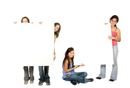 Group of women with two banner ads isolated