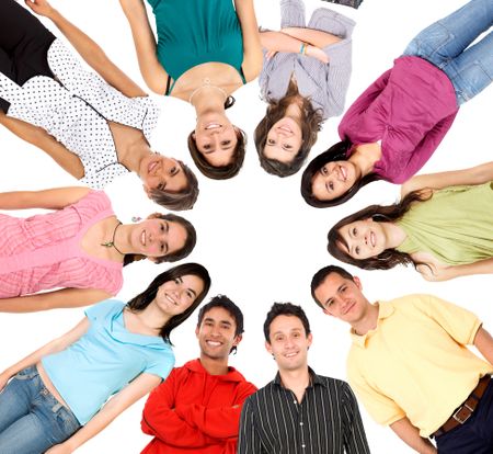 Circle of smiley people isolated over white