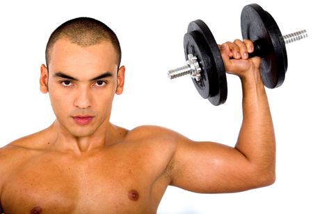 muscular man lifting weights - isolated over a white background