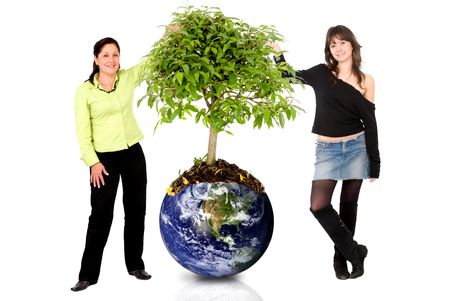 women next to a tree growing from the earth isolated