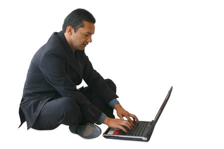 business man using laptop on the floor - ver white