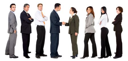 Business women making a deal with businessmen isolated