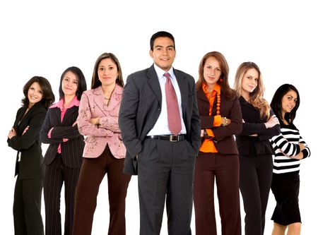 Business man with a group of businesswomen isolated