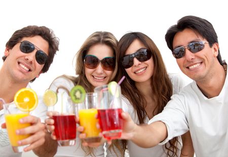 Group of friends with cocktails and sunglasses isolated
