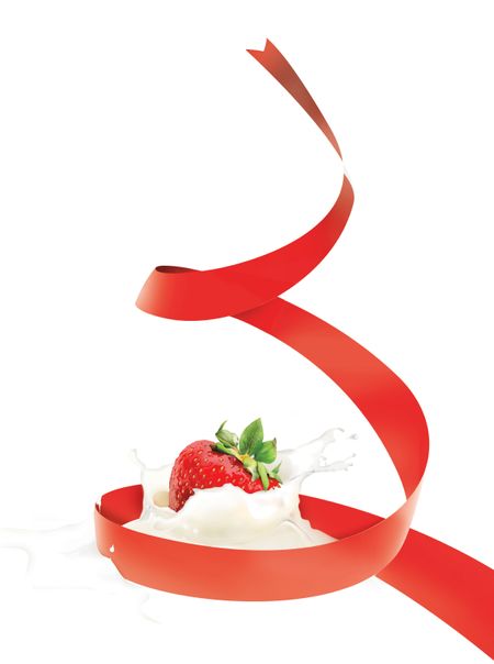 Strawberry falling into cream or milk and splashing with a ribbon